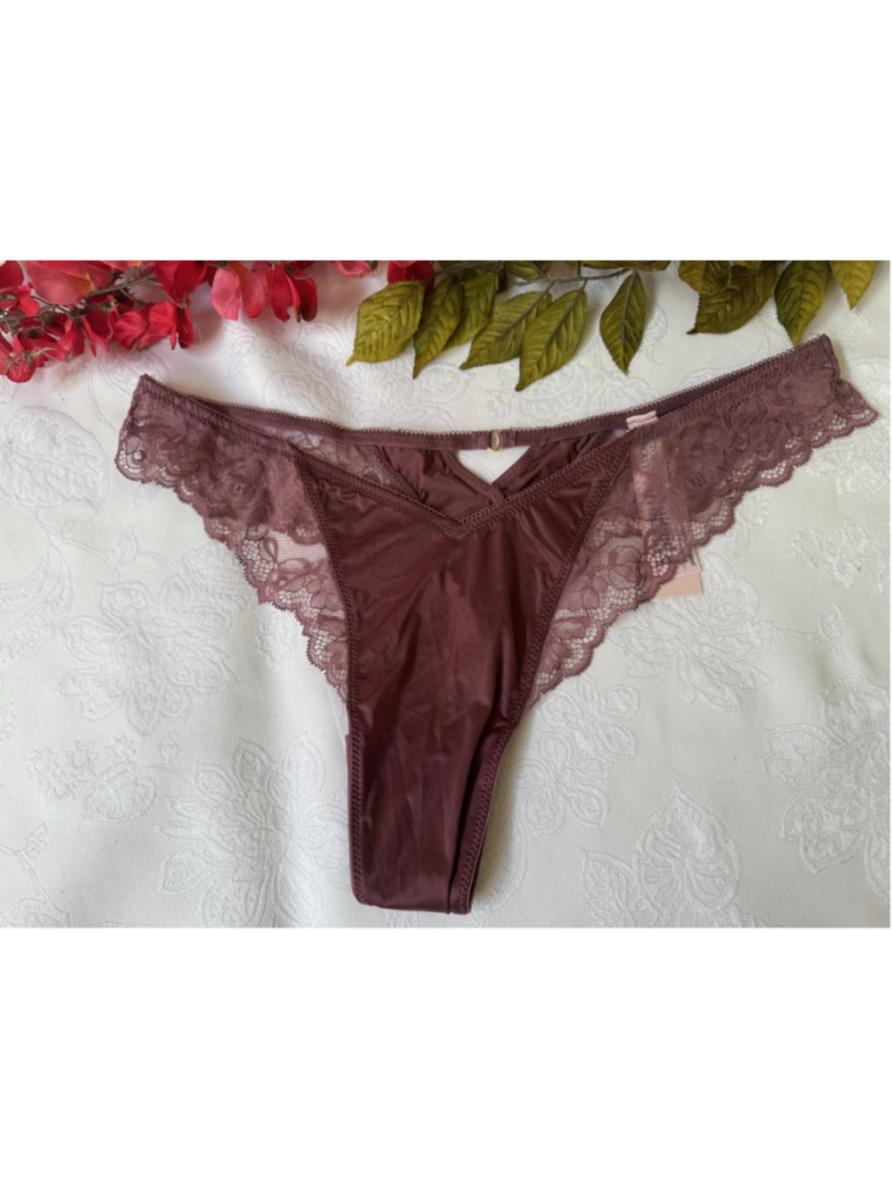 VICTORIA'S SECRET L MOCHA SILKY CUT OUT CHARM HI LEG THONG TANGA PANTIES NWT